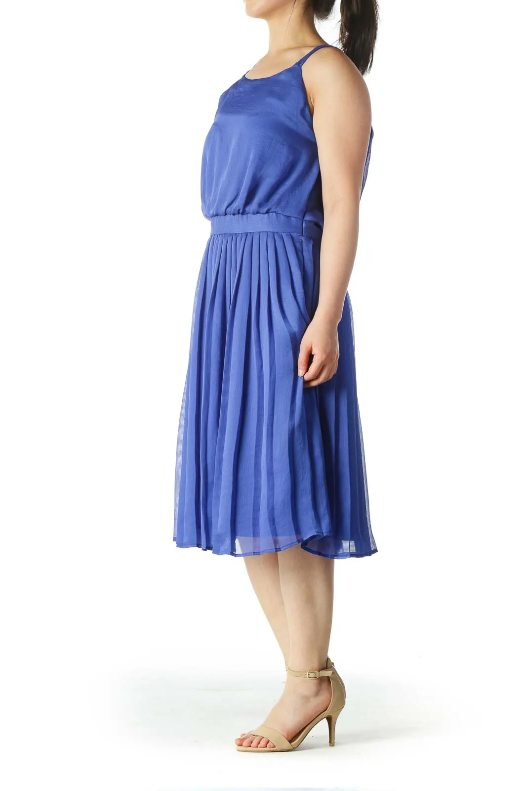 Electric Blue Pleated Textured A-Line Dress