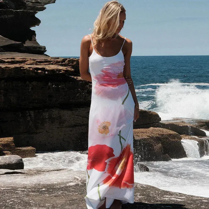 Elegant Floral Print Summer Sexy Spaghetti Straps Beach Holiday Backless Maxi Dress