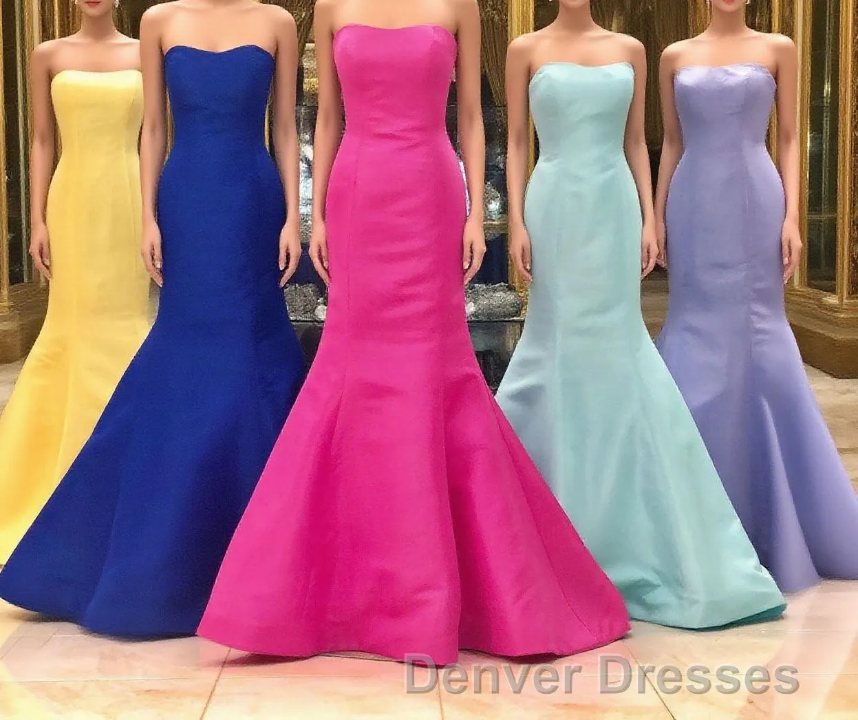 Elegant Mermaid Yellow Strapless Satin Long Prom Evening Dresses Classy