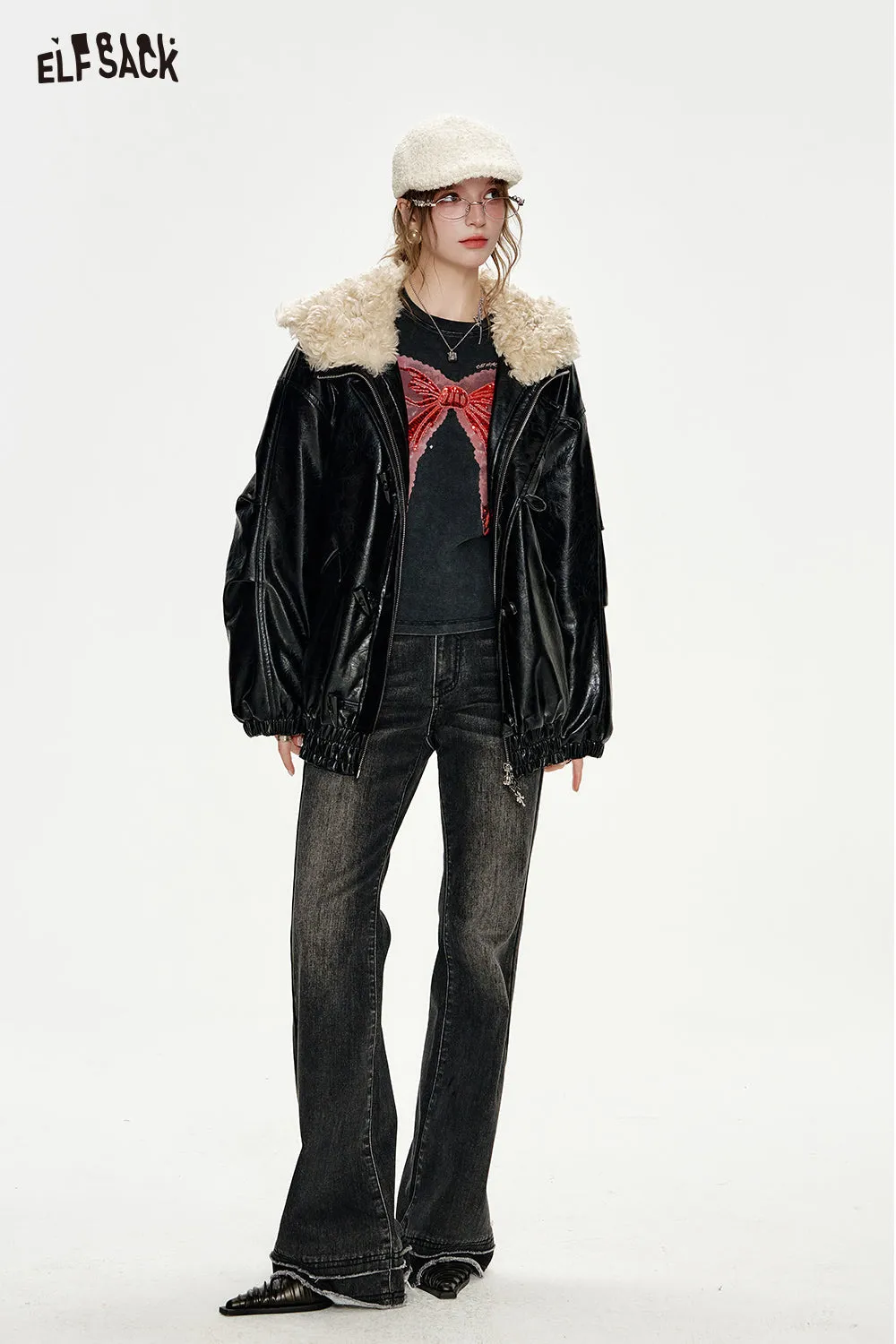 ELFSACK 2024 Winter New Arrivals PU Black Large Faux Fur Collar Horn Button Leather Jacket
