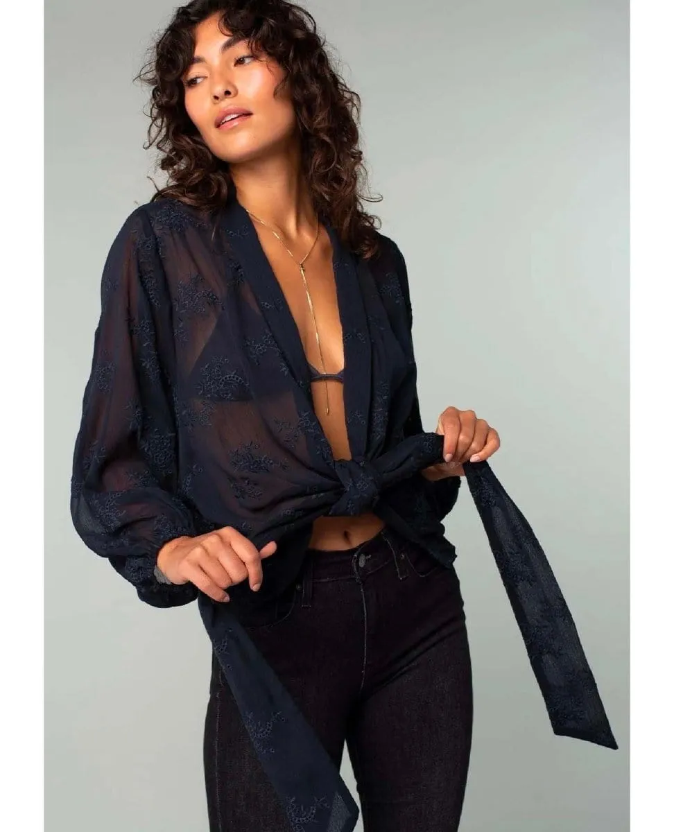 Embroidered Navy Sleeve Tie Front Kimono Top