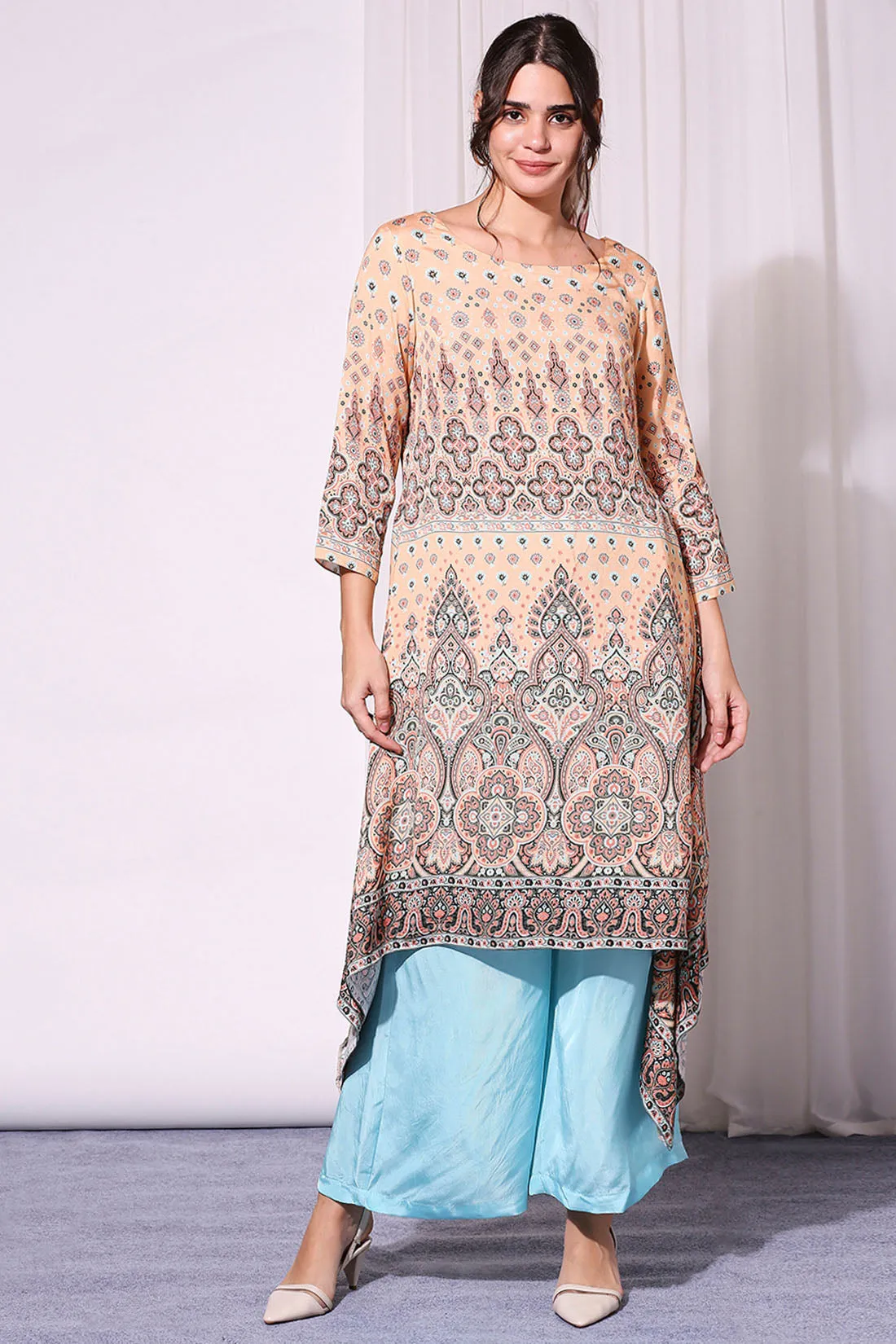 Ethnic Pastel Printed Asyemmetrical Top Paired With Pants