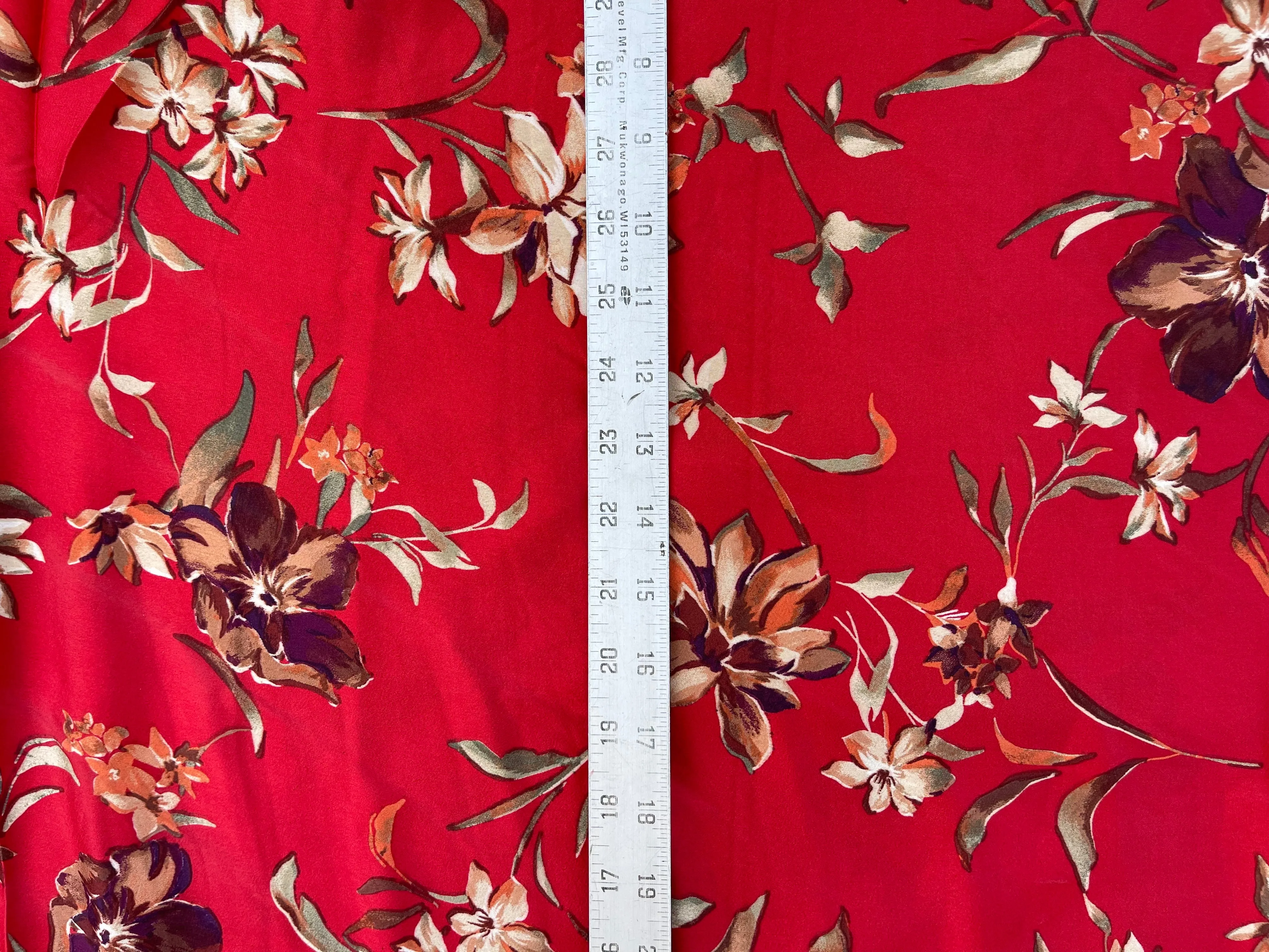Faux silk charmeuse satin fabric by the yard -  Red  floral  print
