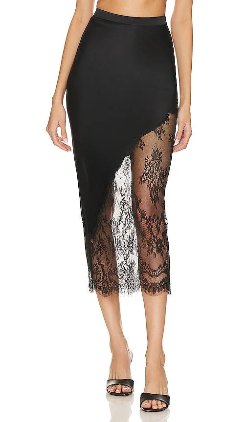 fleur du mal Silk And Chantilly Lace Skirt in Black