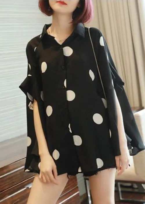 French Black Oversized Dot Print Chiffon Tops Batwing Sleeve LY2588