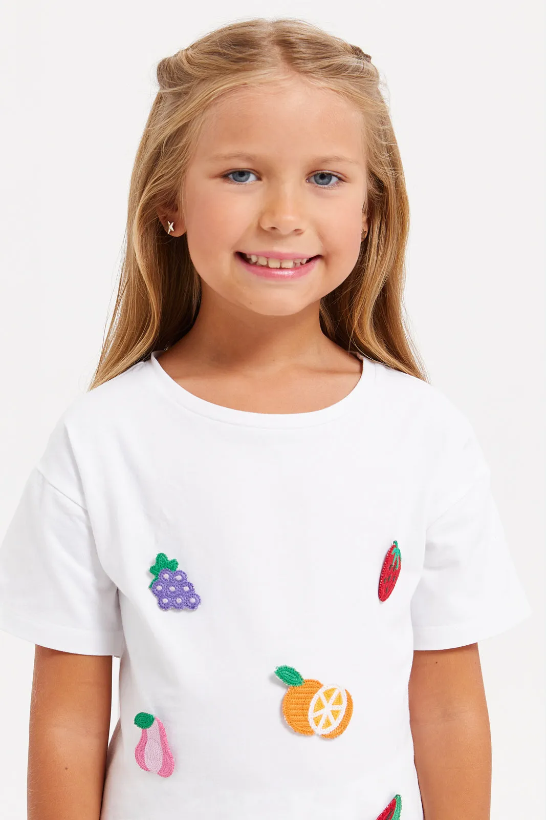 Girls White Embroidered T-Shirt