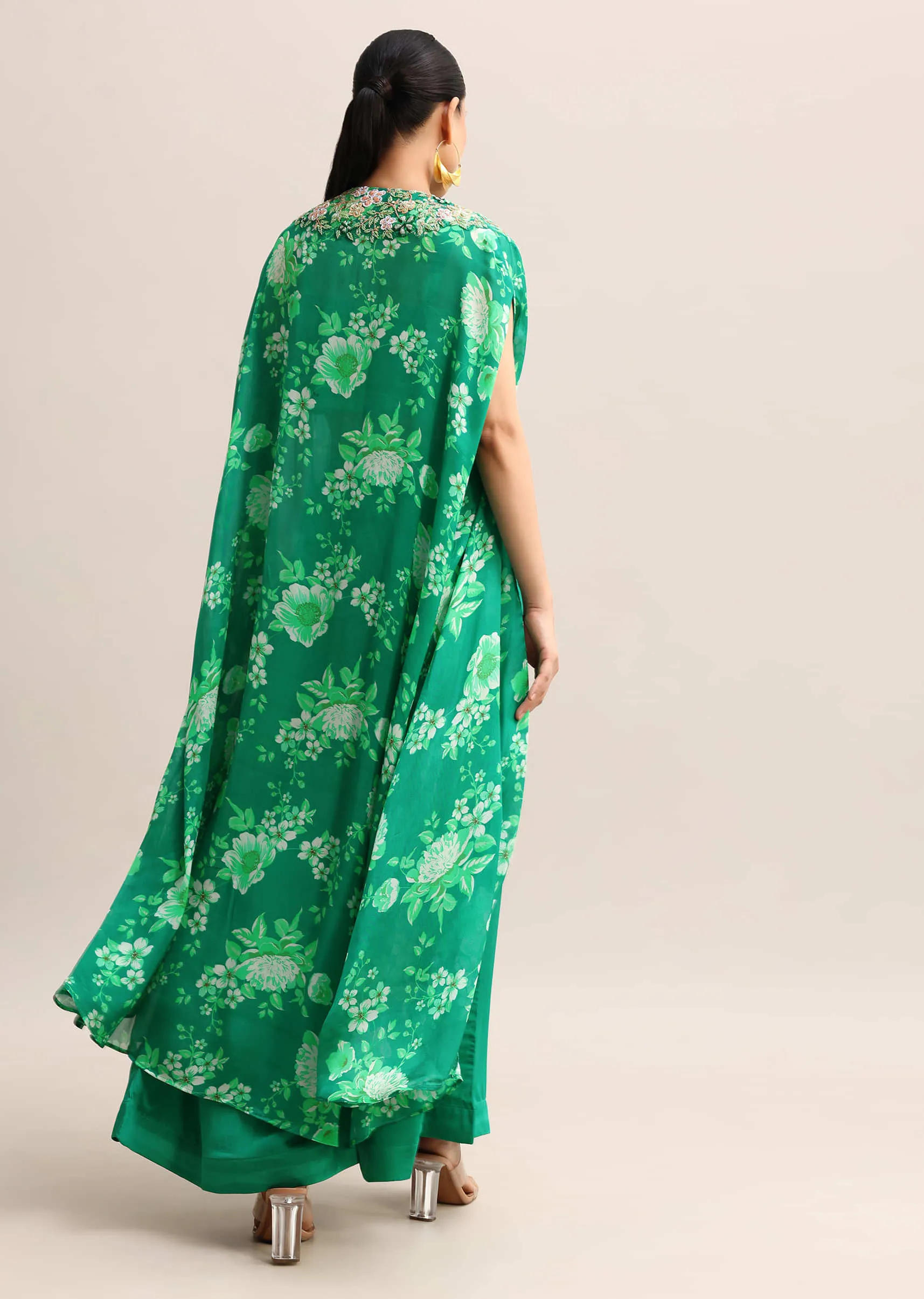 Green Floral Printed Chiffon Crop Top And Palazzo With Jacket