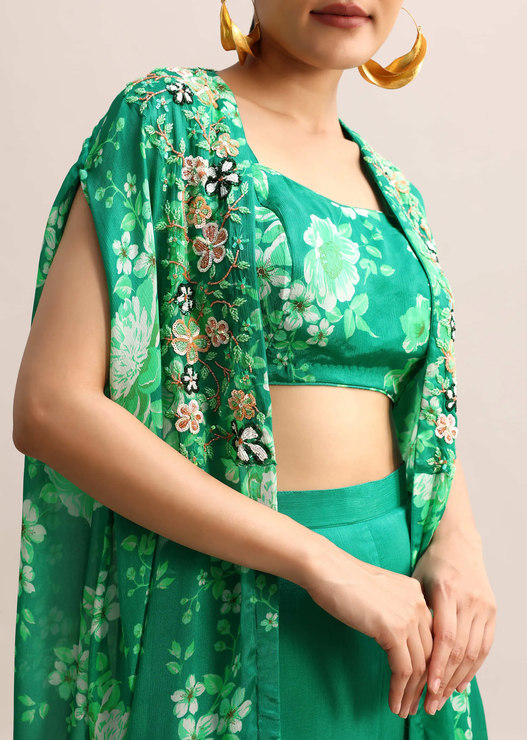 Green Floral Printed Chiffon Crop Top And Palazzo With Jacket