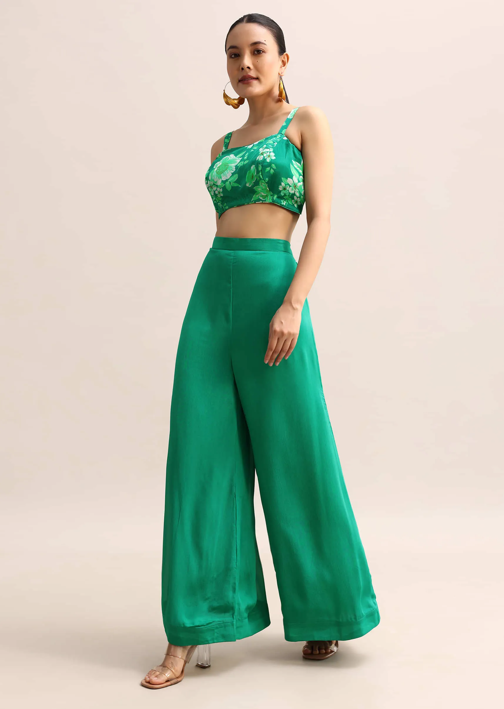 Green Floral Printed Chiffon Crop Top And Palazzo With Jacket