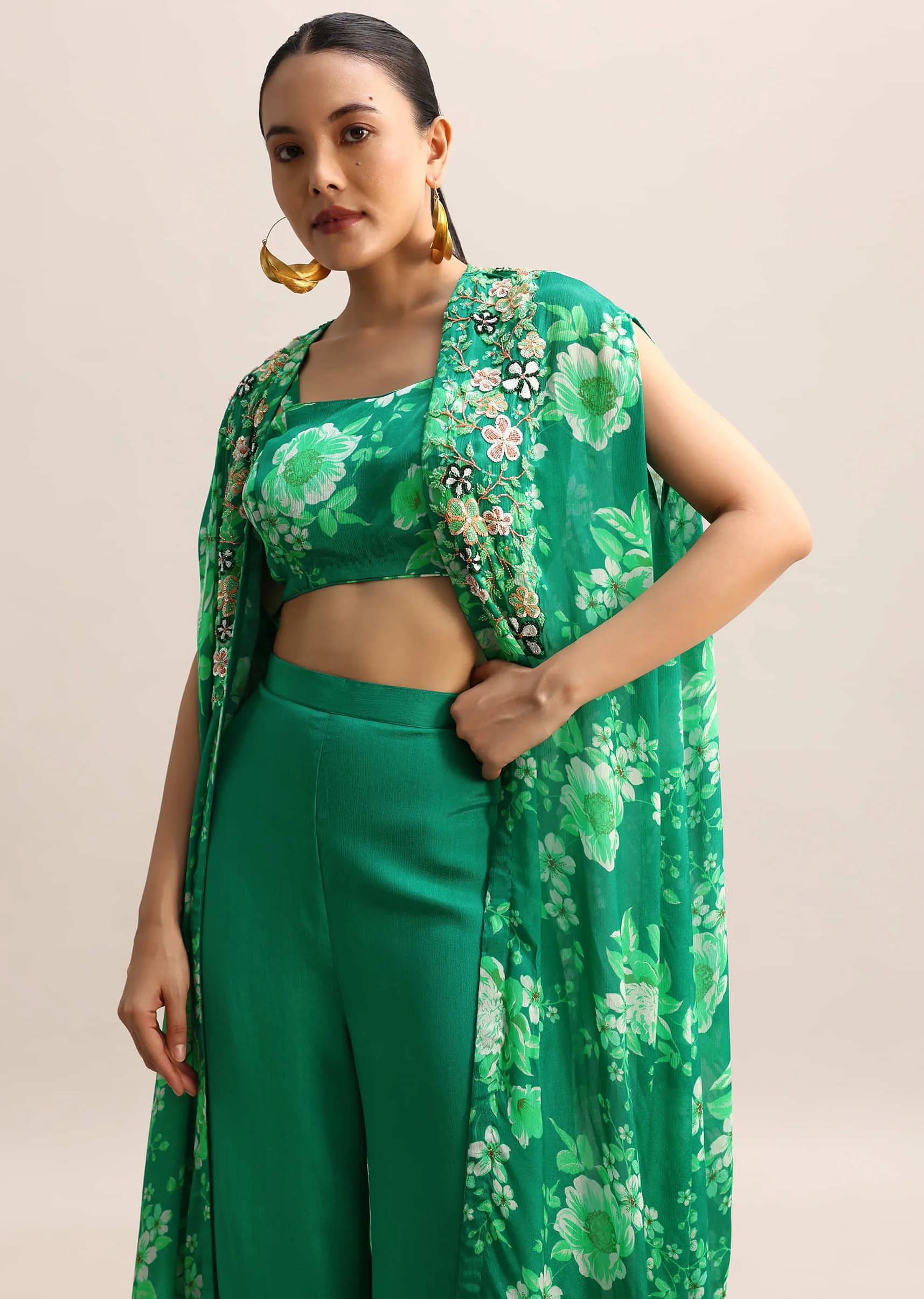 Green Floral Printed Chiffon Crop Top And Palazzo With Jacket