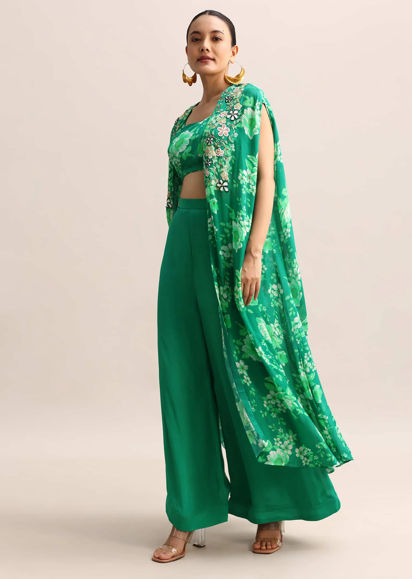 Green Floral Printed Chiffon Crop Top And Palazzo With Jacket