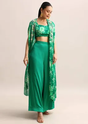 Green Floral Printed Chiffon Crop Top And Palazzo With Jacket