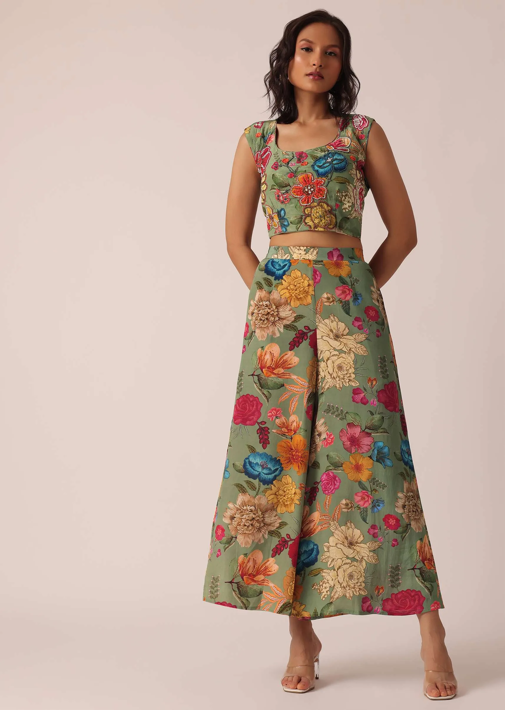 Green Organza Jacket And Palazzo Set