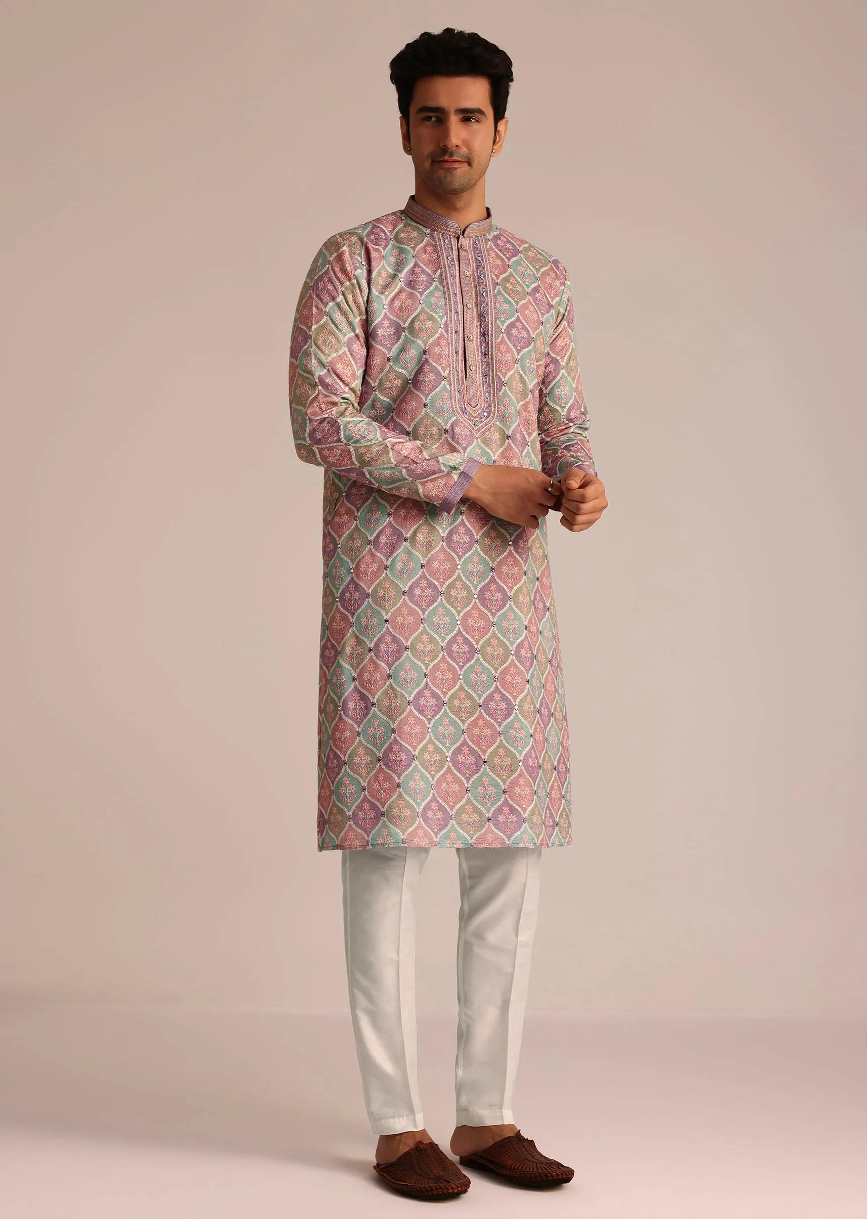 Lilac Embroidered Silk Kurta Set