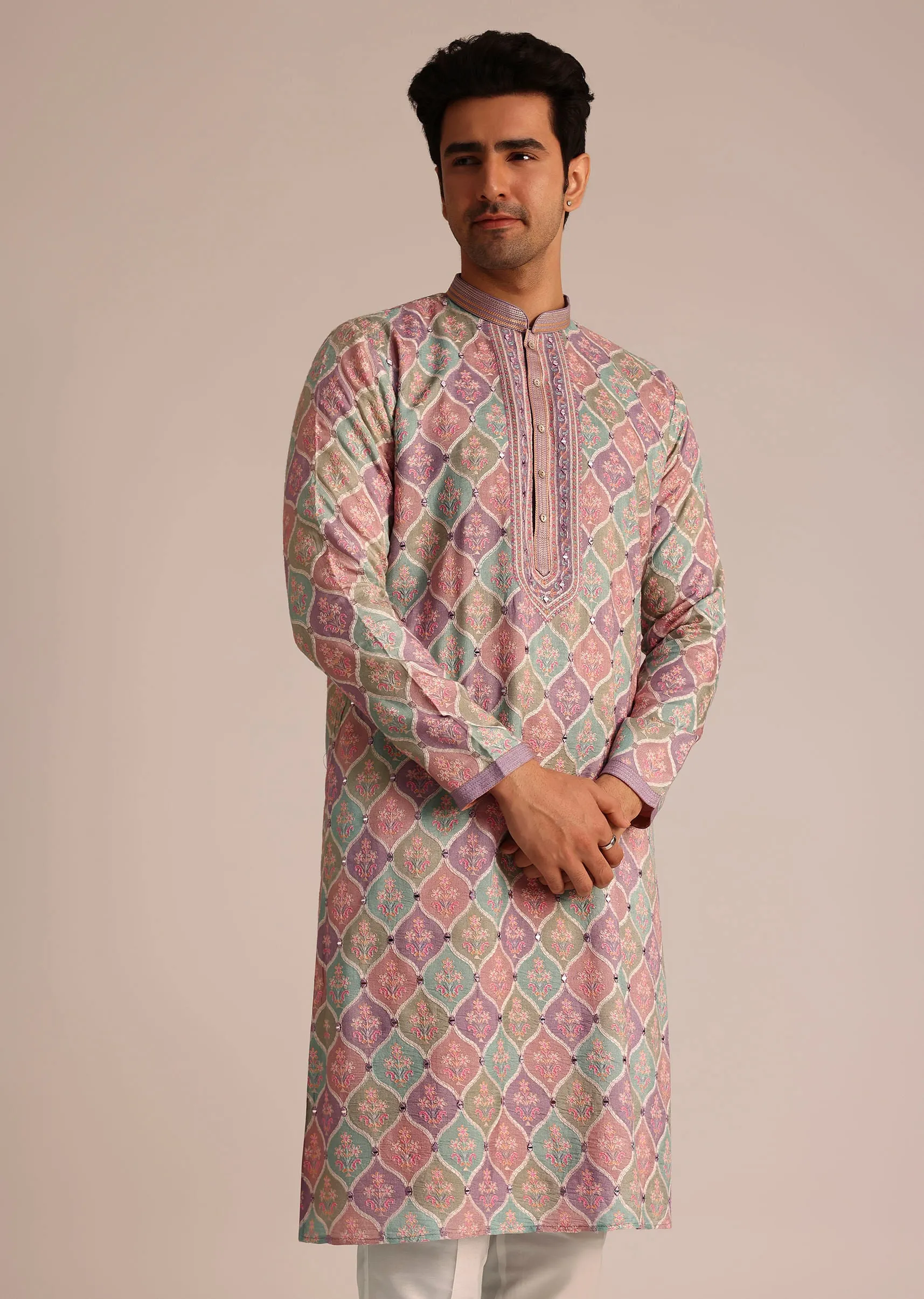 Lilac Embroidered Silk Kurta Set