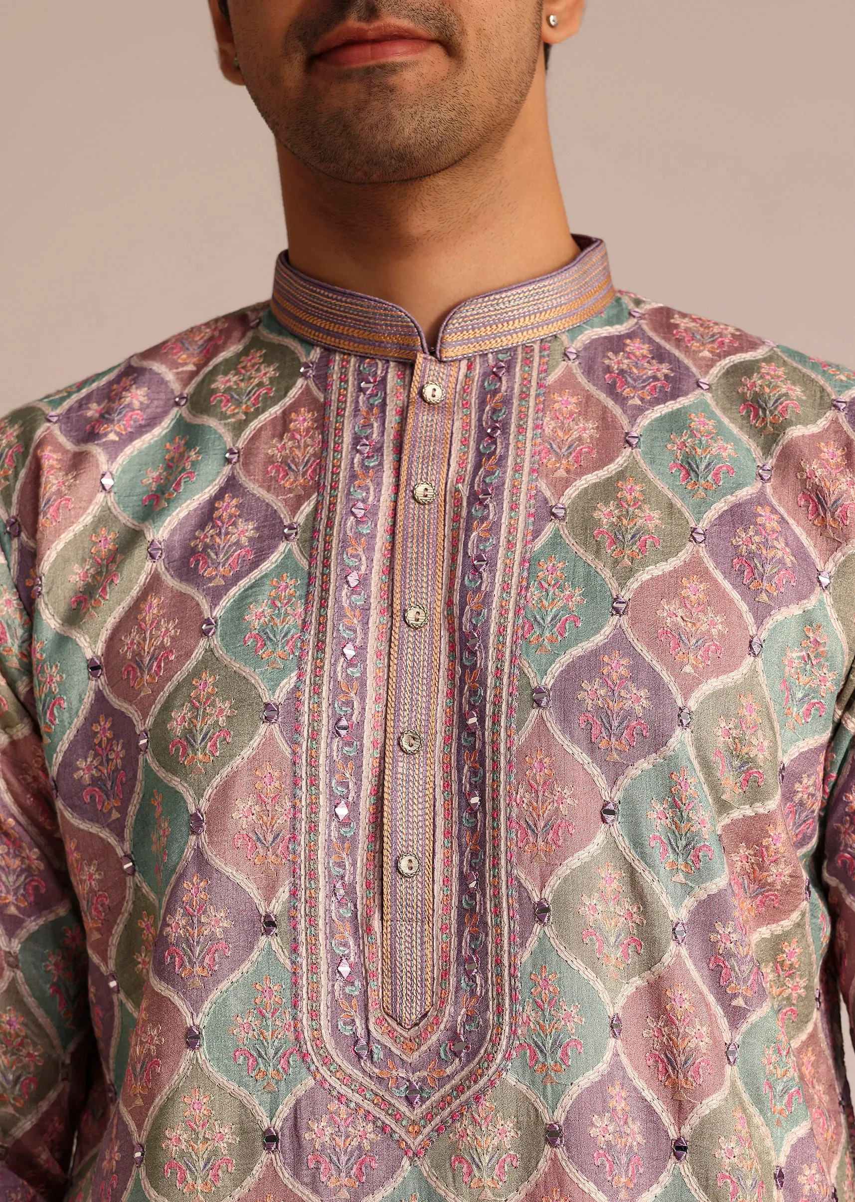 Lilac Embroidered Silk Kurta Set