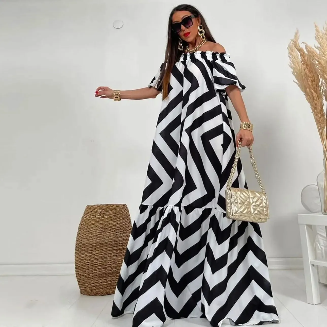 Long with Stripes for Women Loose Off Shoulder Print Horn Sleeve Midi Summer Holiday New Fashion Maxi Dress