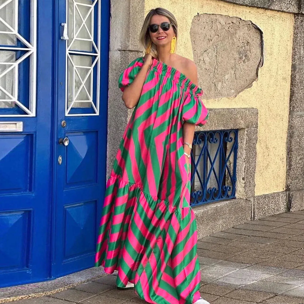Long with Stripes for Women Loose Off Shoulder Print Horn Sleeve Midi Summer Holiday New Fashion Maxi Dress
