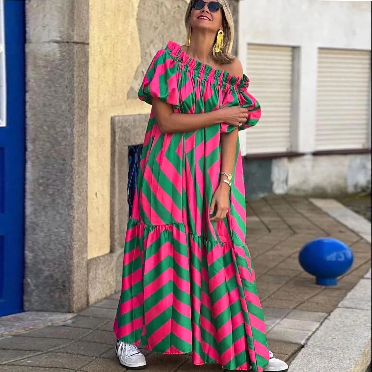 Long with Stripes for Women Loose Off Shoulder Print Horn Sleeve Midi Summer Holiday New Fashion Maxi Dress