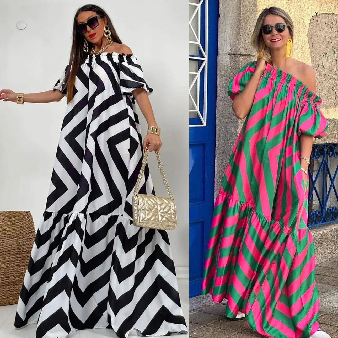 Long with Stripes for Women Loose Off Shoulder Print Horn Sleeve Midi Summer Holiday New Fashion Maxi Dress