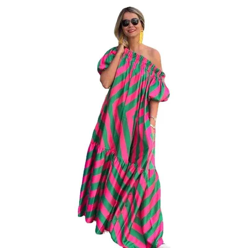 Long with Stripes for Women Loose Off Shoulder Print Horn Sleeve Midi Summer Holiday New Fashion Maxi Dress