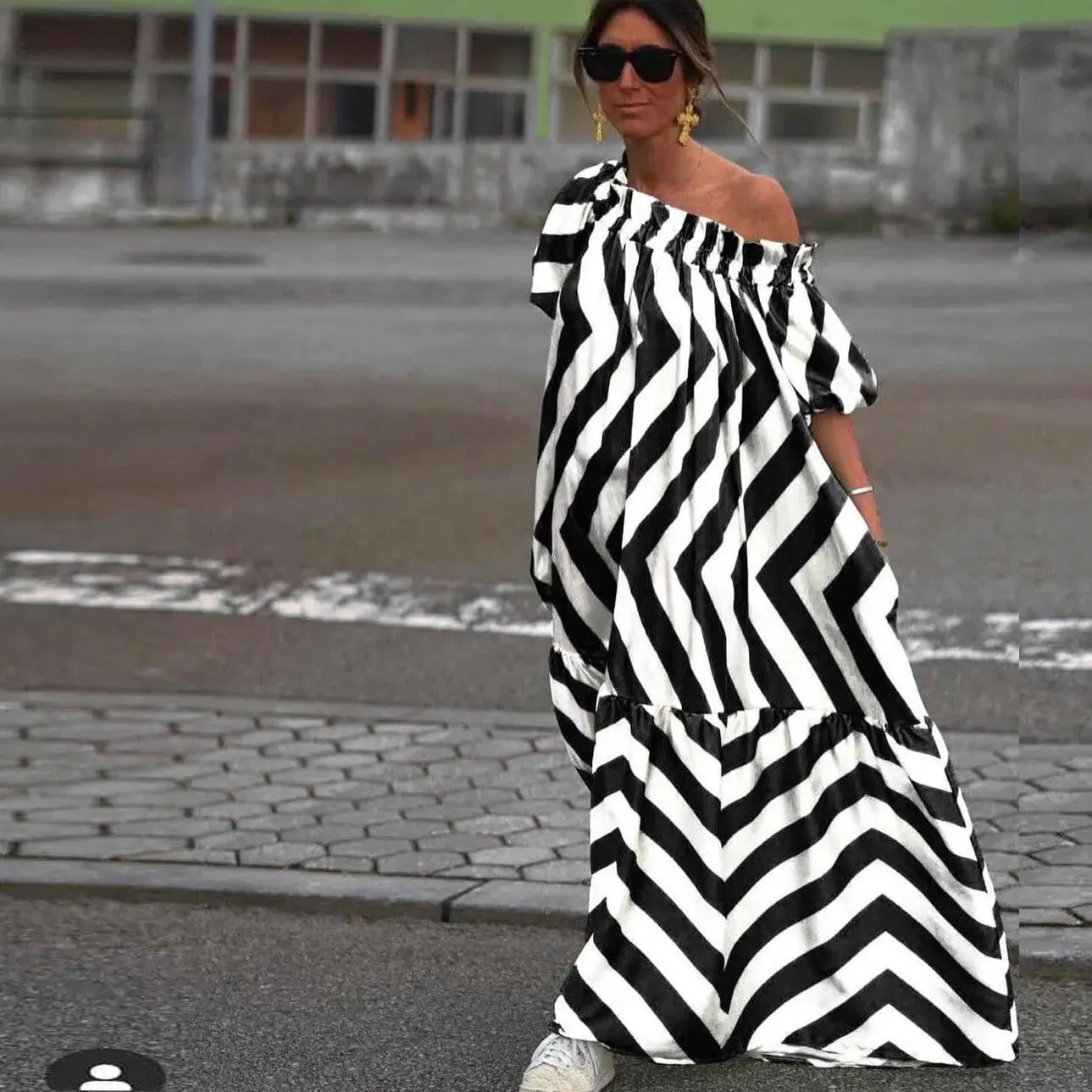 Long with Stripes for Women Loose Off Shoulder Print Horn Sleeve Midi Summer Holiday New Fashion Maxi Dress