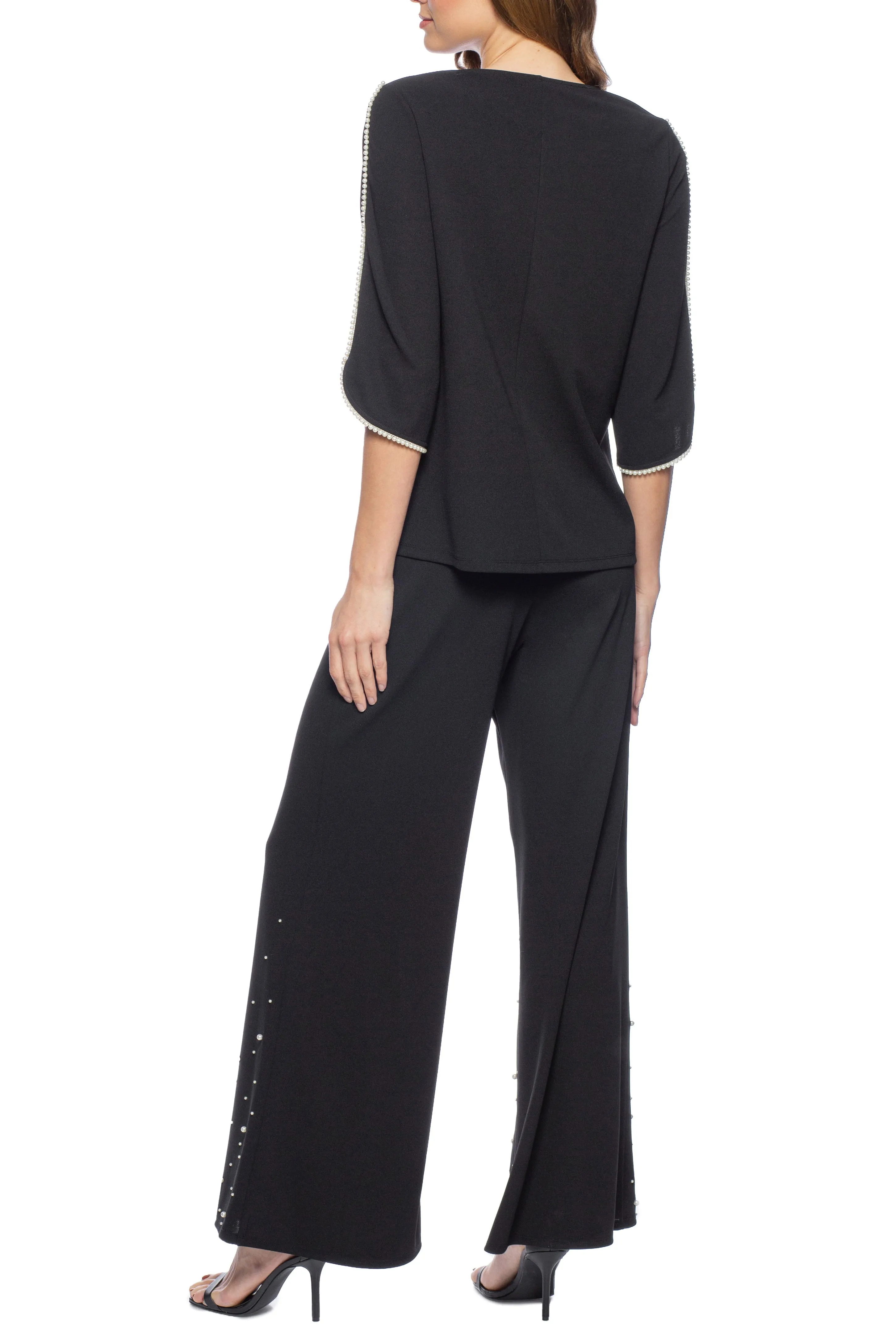 Marina crew neck embellished ¾ sleeve stretch crepe top with elastic waist embellished straight leg pants
