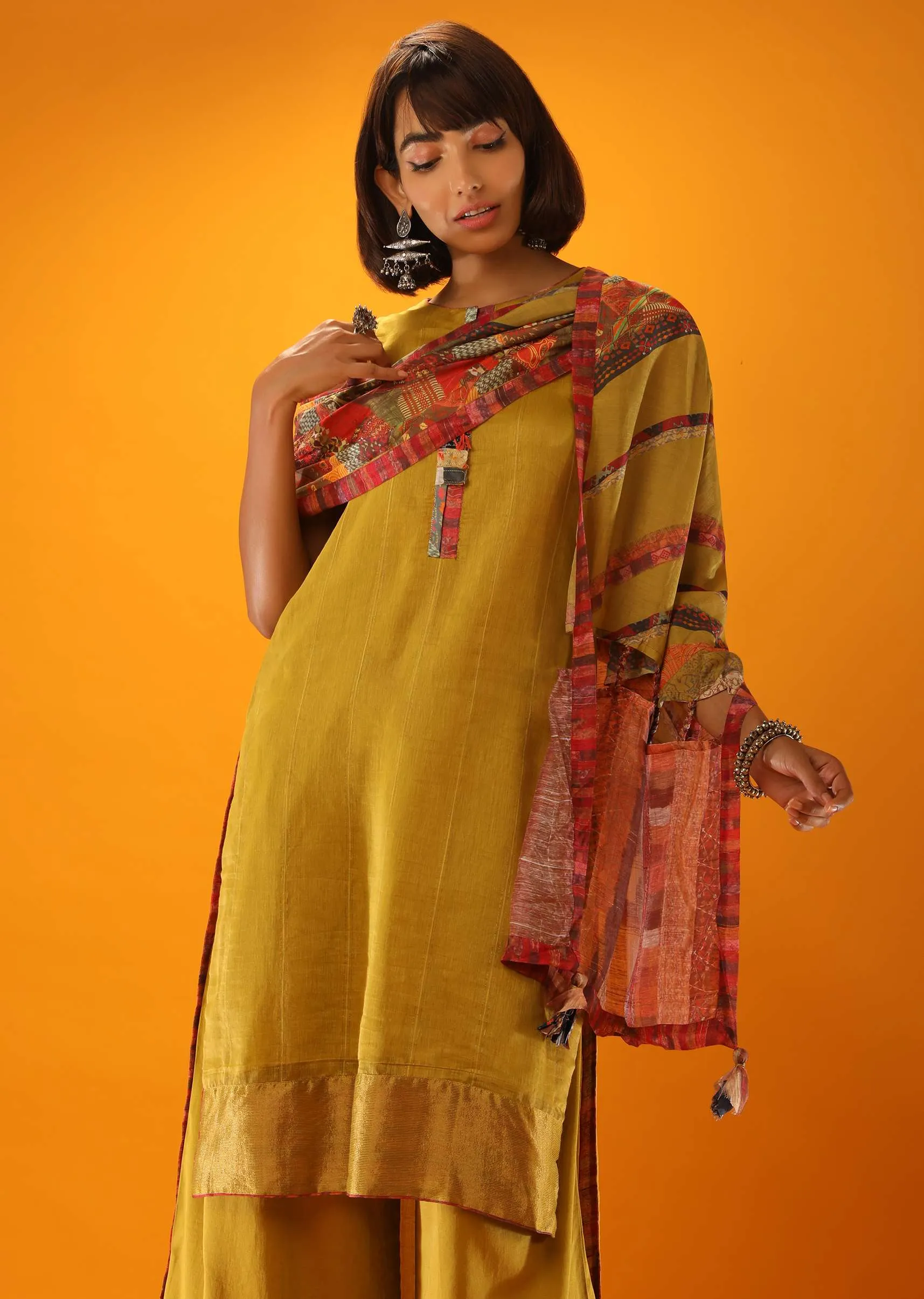Moss Green High Low Kurta And Palazzo Set With Appliqued Placket In Multi Colored Printed Fabric And Printed Stole