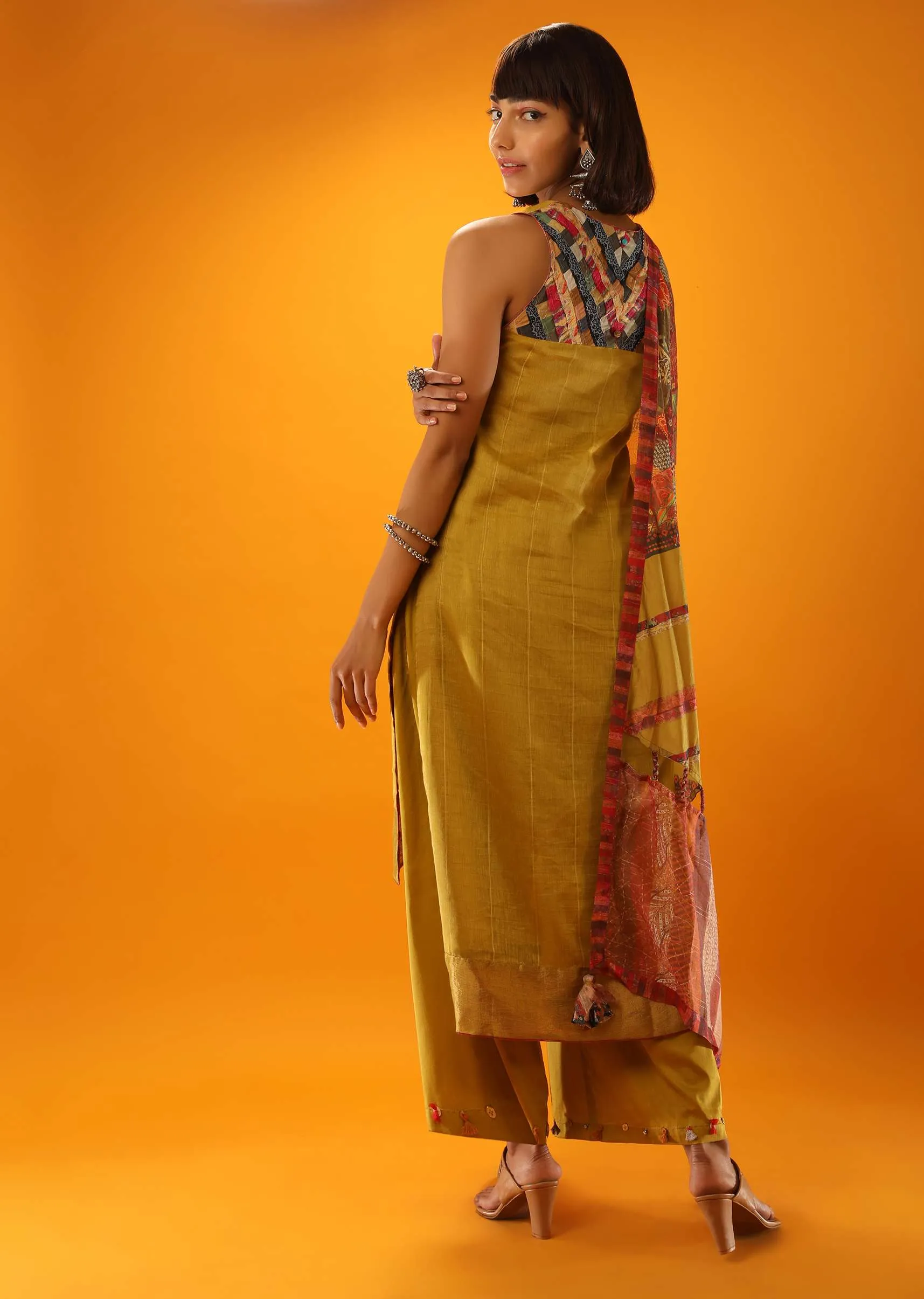 Moss Green High Low Kurta And Palazzo Set With Appliqued Placket In Multi Colored Printed Fabric And Printed Stole