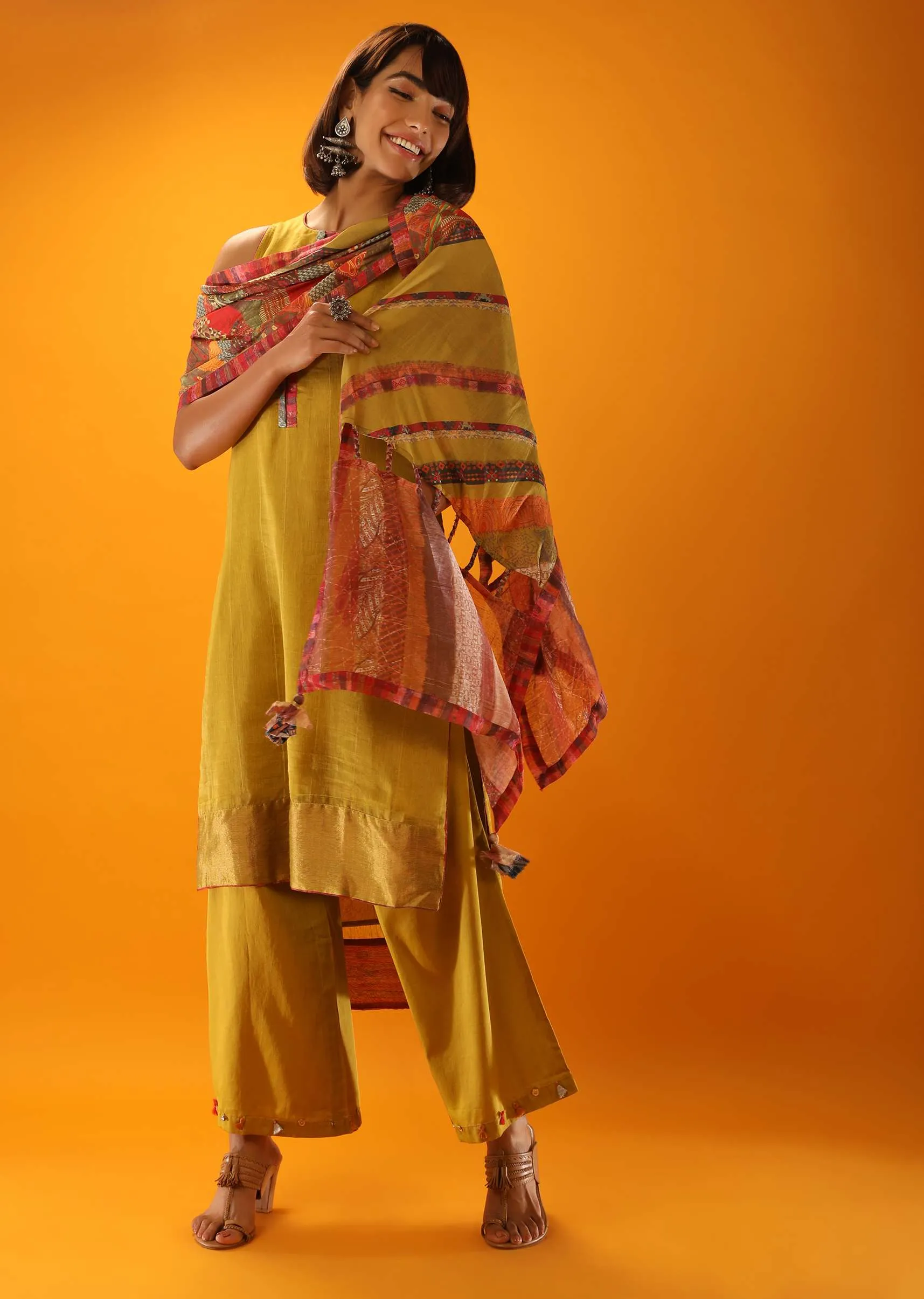 Moss Green High Low Kurta And Palazzo Set With Appliqued Placket In Multi Colored Printed Fabric And Printed Stole
