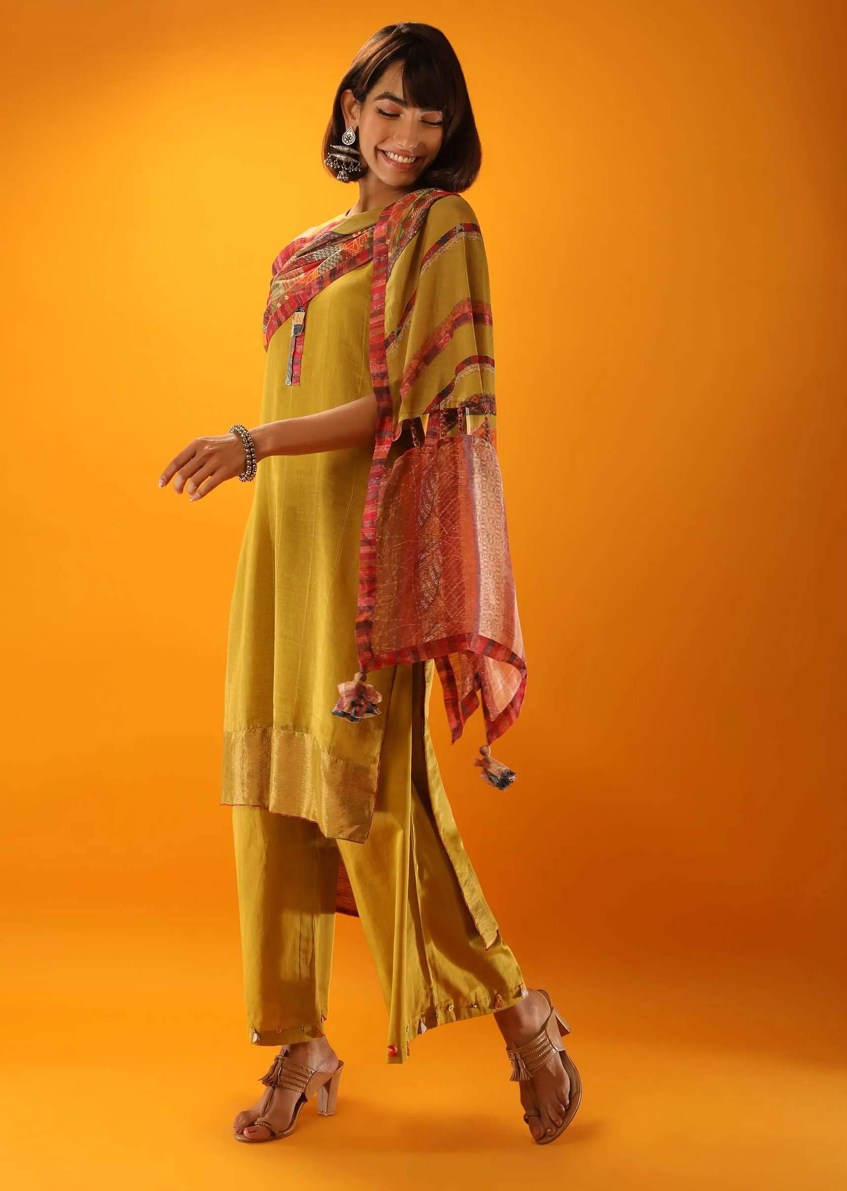 Moss Green High Low Kurta And Palazzo Set With Appliqued Placket In Multi Colored Printed Fabric And Printed Stole