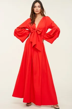 Red V Neck Tie Up Maxi Dress
