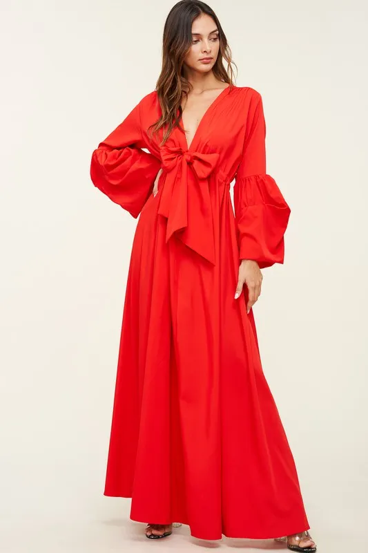 Red V Neck Tie Up Maxi Dress