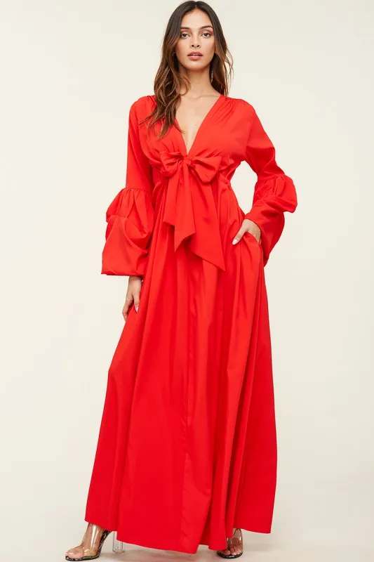 Red V Neck Tie Up Maxi Dress