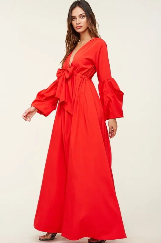 Red V Neck Tie Up Maxi Dress