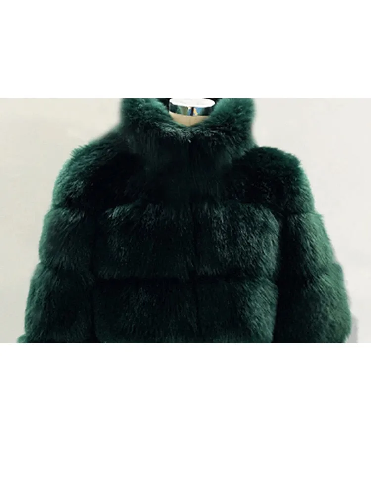 Short Winter Faux Fox Fur Coat Women Luxury Stand Fur Collar Thick Warm Furry Jacket Faux Fur Cropped Top