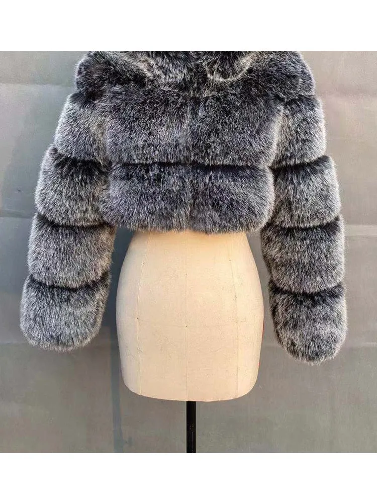 Short Winter Faux Fox Fur Coat Women Luxury Stand Fur Collar Thick Warm Furry Jacket Faux Fur Cropped Top