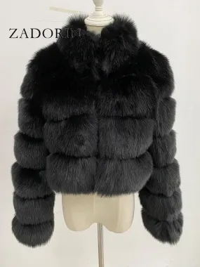 Short Winter Faux Fox Fur Coat Women Luxury Stand Fur Collar Thick Warm Furry Jacket Faux Fur Cropped Top