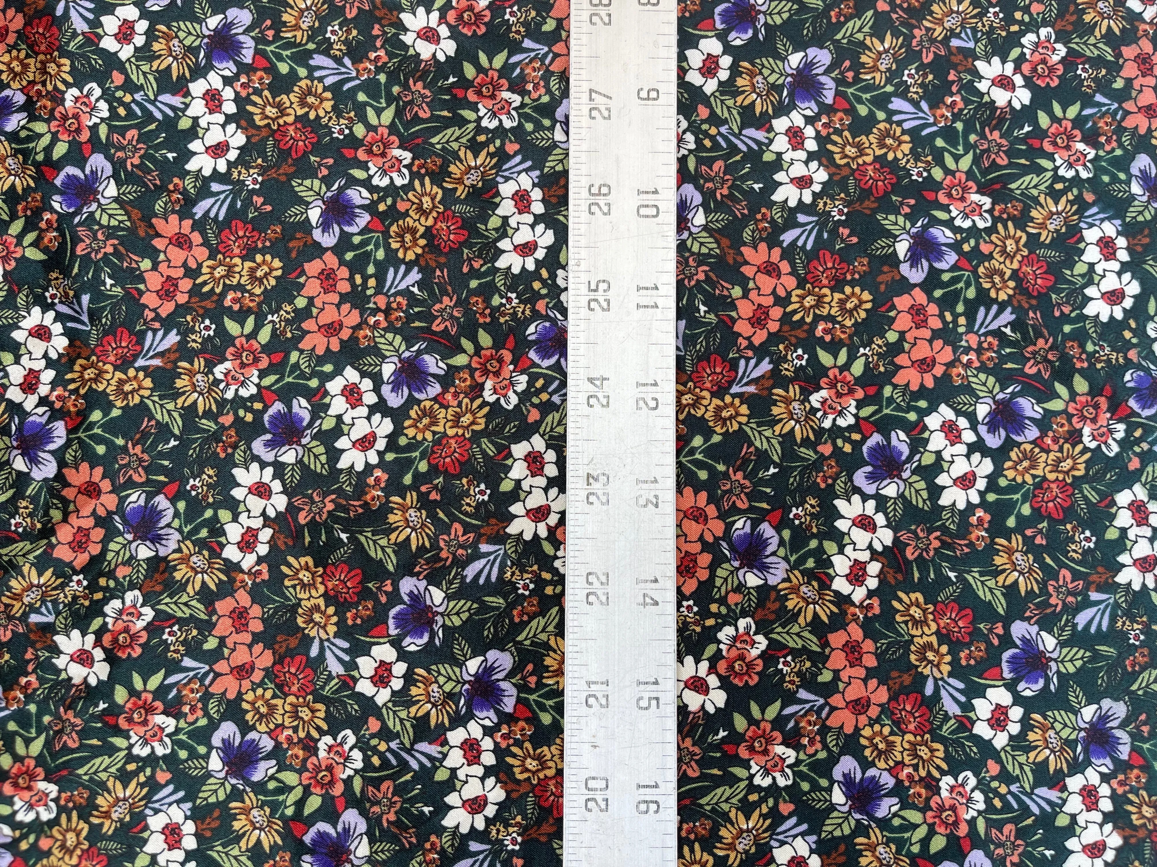 Small Dainty floral Faux silk charmeuse satin fabric by the yard -  green and purple tones