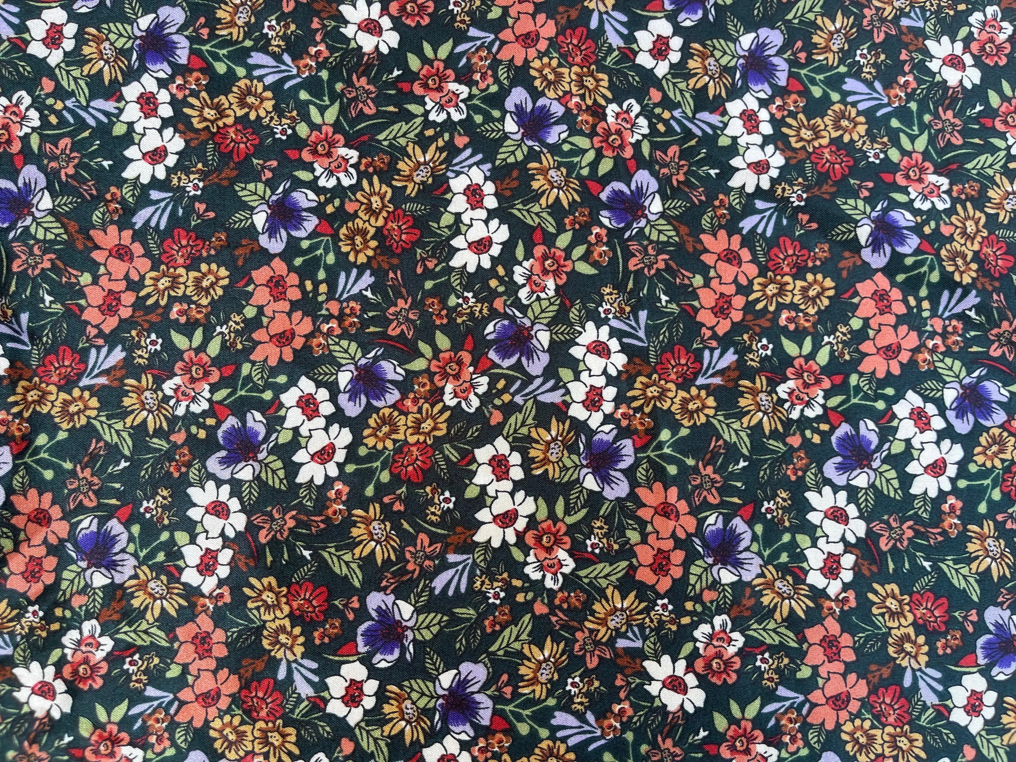 Small Dainty floral Faux silk charmeuse satin fabric by the yard -  green and purple tones