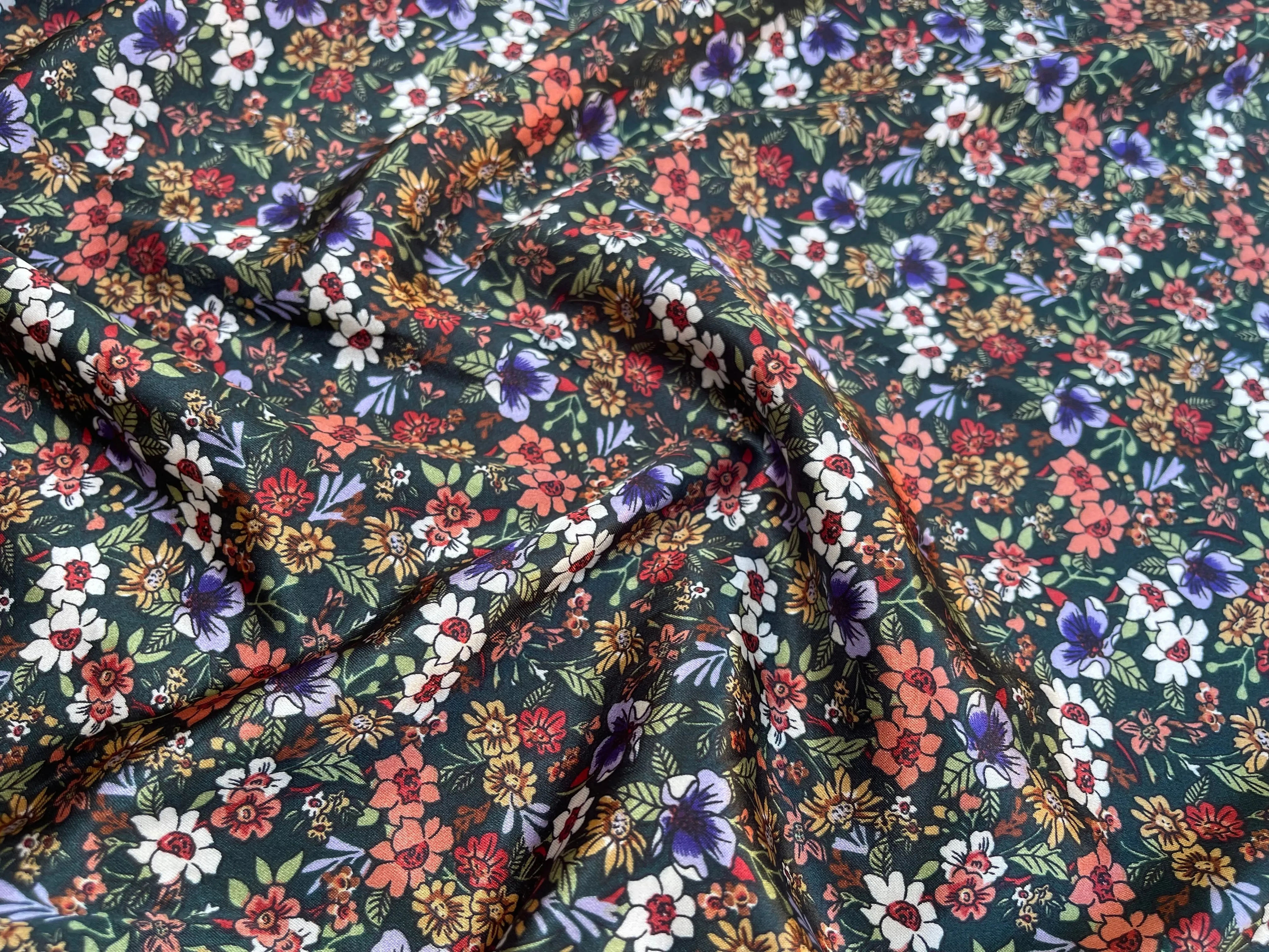 Small Dainty floral Faux silk charmeuse satin fabric by the yard -  green and purple tones