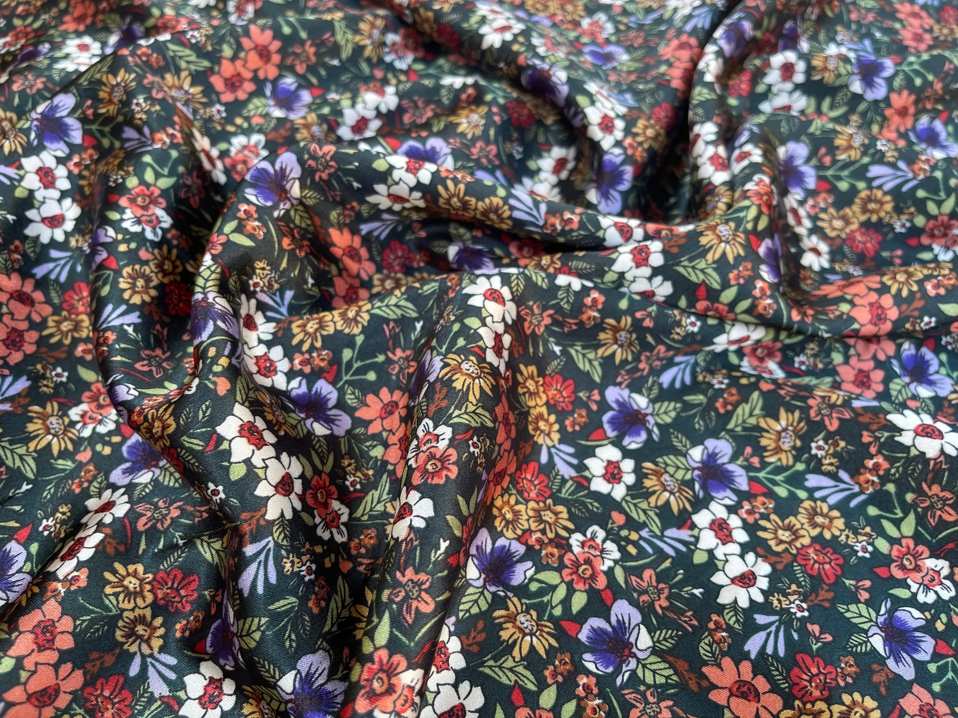 Small Dainty floral Faux silk charmeuse satin fabric by the yard -  green and purple tones