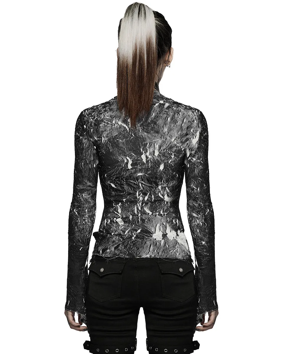 T729-BKF Womens Apocalyptic Gothic Crimped Chiffon Top