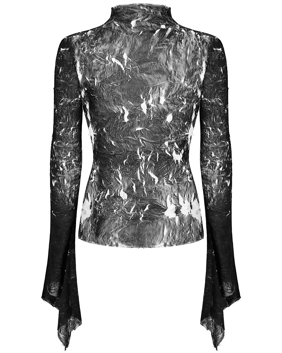 T729-BKF Womens Apocalyptic Gothic Crimped Chiffon Top