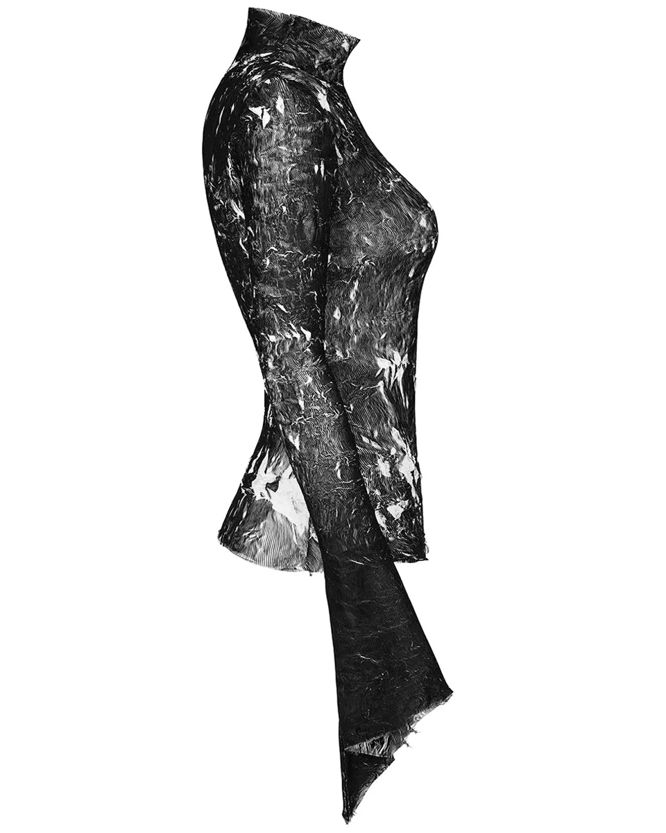 T729-BKF Womens Apocalyptic Gothic Crimped Chiffon Top
