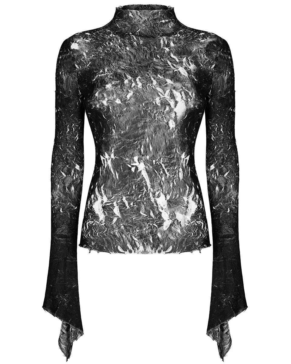 T729-BKF Womens Apocalyptic Gothic Crimped Chiffon Top