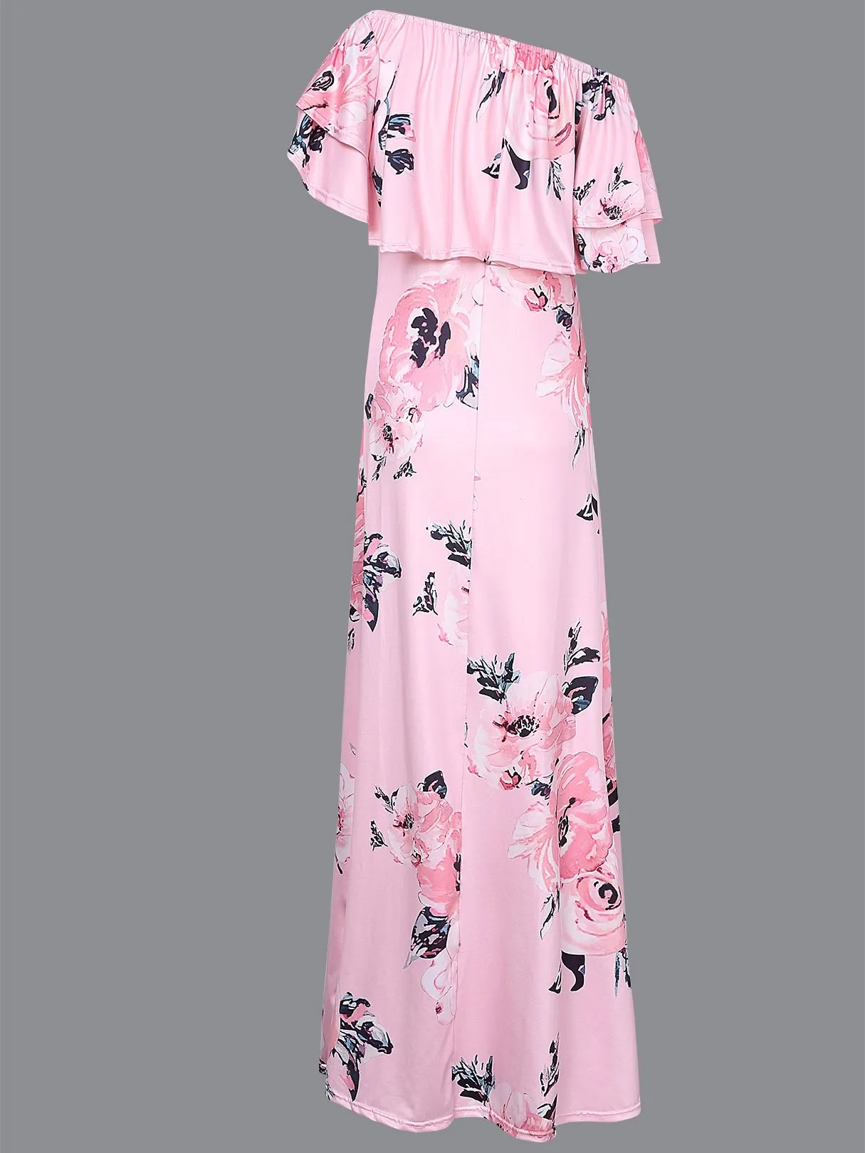 Wholesale Pink Off The Shoulder Short Sleeve Floral Print Tiered Maxi Dresses
